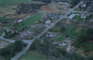 Aerial view of homes destroyed by fire.