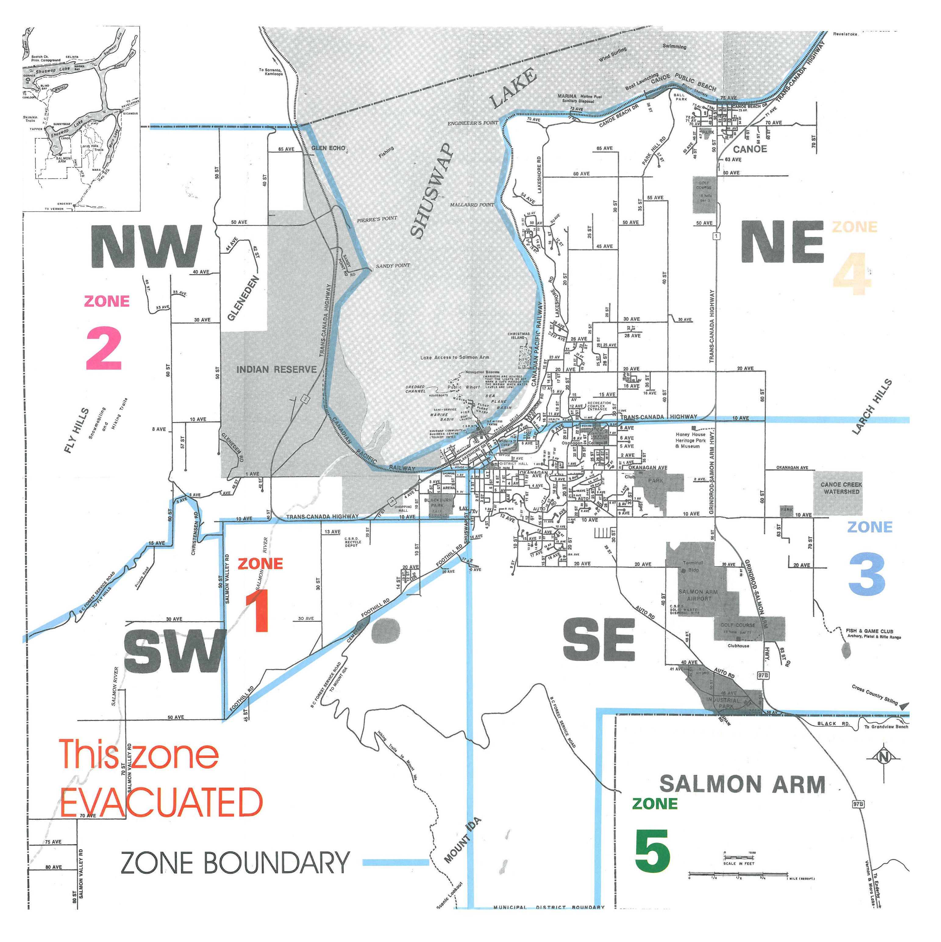 This is the Salmon Arm evacuation map that was issued during the Fire of 1998. The community was divided into 5 zones. Zone 1 bordered Fly Hills and was south west of Salmon Arm. The Silver Creek Fire burned out of control in Zone 1, destroying many houses. North of Zone 1 was Zone 2, which also bordered on Fly Hills, but it was not evacuated. Zone 3 was east of Zone 1, heavily populated and threatened by the fire. Zones 4 and 5 sandwiched Zone 3 - north and south of Zone 3. They were not evacuated.