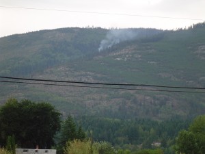 Fumée sur les collines boisées. 