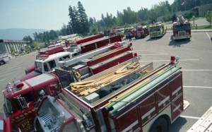Firetrucks lined up in a parking lot.