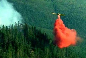 Aeroplane dropping fire retardant on a forest fire.