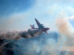 Aeorplane dropping fire retardant on a forest fire.