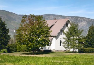 Off white house, pink roof, with two trees in front of it. Hillside in backdrop.