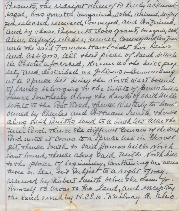 A hand written first page scanned from the deed conveying the land for the foundry and house lot to Forman Hawboldt his heirs and assigns. This describes in detail the lots for both the house lot and the foundry lands.