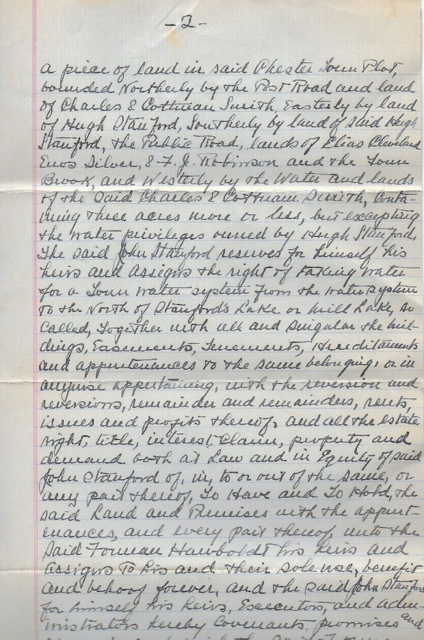 A hand written second page scanned from the deed conveying the land for the foundry and house lot to Forman Hawboldt his heirs and assigns.