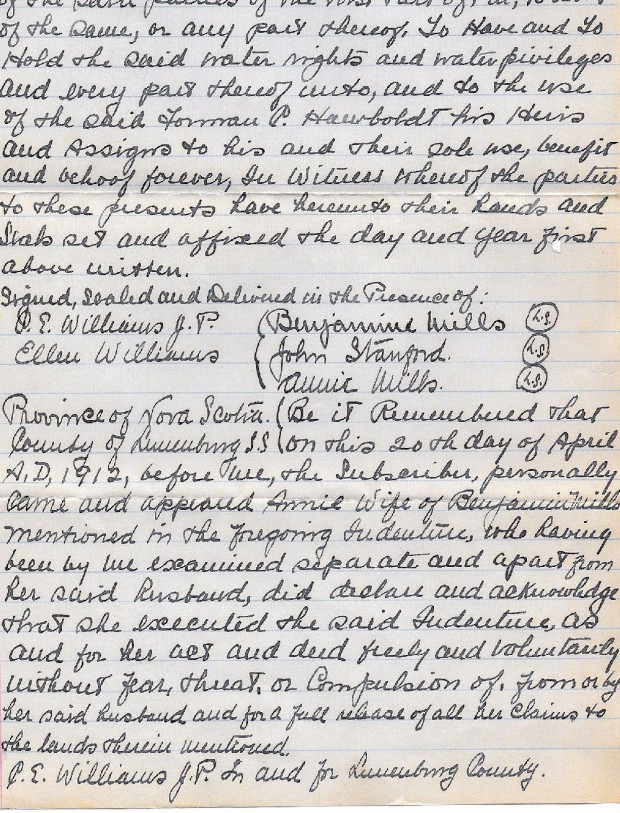 A hand written exert from the deed from Benjamin Mills, his wife and John Stanford assigning water rights to Forman Hawboldt for his use on April 20, 1912.