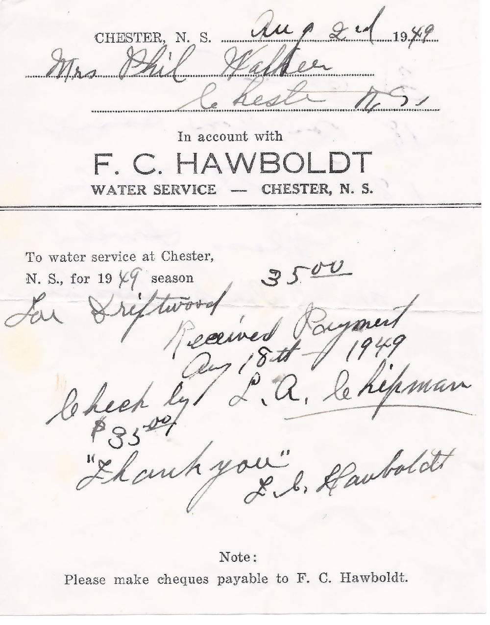A bill from Forman Hawboldt, to Phil Walker, for water service for the 1949 season in the amount of $35.00. Receipted by Forman Hawboldt