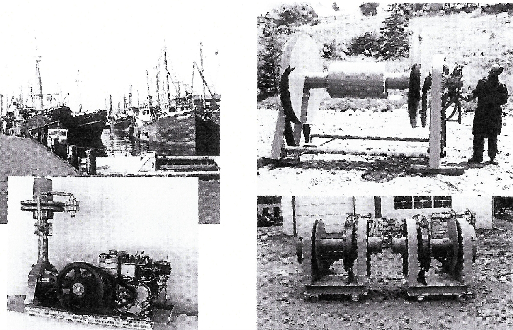 A group of black and white photos showing a fishing fleet tied up at the wharf, a large round winch well over 15 feet high, a make and break engine and two smaller winches with platforms that would bolt them to the deck of the vessel. These are often referred to as gurdy haulers.