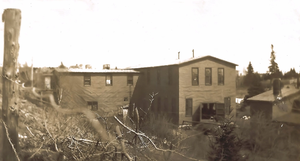 A sepia toned photo of the Haboldt Gas Engines showing the main two storey building on North Street to the left and the machine and fabrication building attached to it which dropped steeply down to the edge of the stream. A separate building to the right and in the foreground housed the foundry before it was replaced with a new dome roofed building.