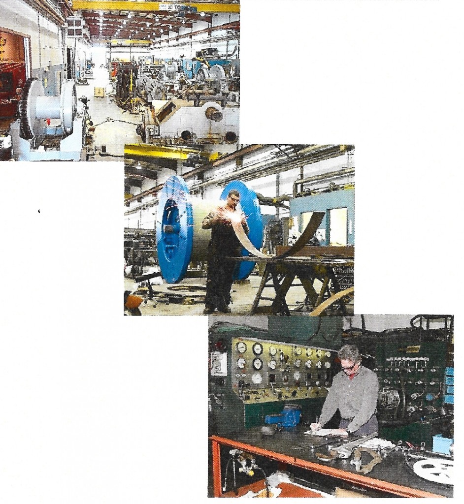 The colour photo show three scenes from the interior of Hawboldt Industries today. The top picture shows the main work area and the equipment they use, the second picture pictures a worker welding a piece of metal at a work station and the final photo shows a worker standing at a desk, in front of a bank of dials working on a project design.