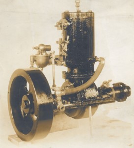 A Hawboldt make and break engine with a fly wheel and one cylinder developed in 1906 by Forman Hawboldt.