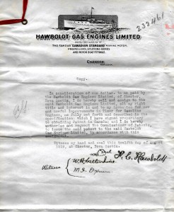A scanned copy of the agreement assigning the rights for the useful improvement in timer for the new gasoline engine to Hawboldt Industries Ltd. By Forman Hawboldt August 12, 1919.