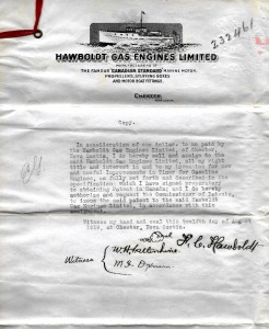 Une copie de l’accord donnant les droits pour l’amélioration utile de la minuterie pour le nouveau moteur à essence de Hawboldt Industries Ltd. Par Forman Hawboldt le 12 août 1919.