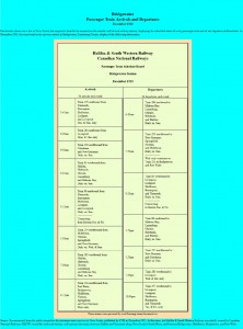 Les horaires de trains de voyageurs de la Halifax and Southwestern Railway et de la Canadian National Railways  pour la gare de Bridgewater dans les années 20.