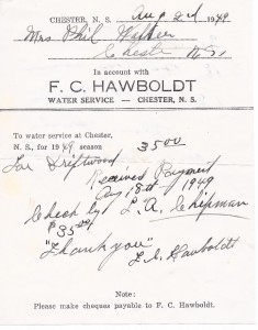 Une facture de Forman Hawboldt à Phil Walker d’un montant de 35$ pour la fourniture de l’eau pour la saison 1949. Marqué comme payé par Forman Hawboldt.