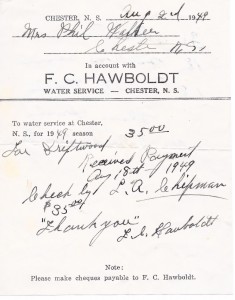 A bill from Forman Hawboldt, to Phil Walker, for water service for the 1949 season in the amount of $35.00. Receipted by Forman Hawboldt