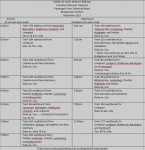 Le tableau d’horaires  de trains de voyageurs de la Halifax and Southwestern Railway et de la Canadian National Railways pour la gare de Bridgewater dans les années 20.