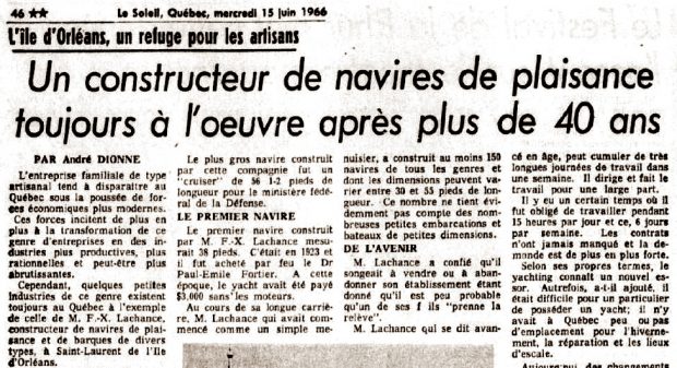 Digitization of a newspaper article entitled « Un constructeur de navires de plaisance toujours à l’œuvre après plus de 40 ans » (A pleasure yacht builder still at work after more than 40 years). The article is signed by André Dionne, published under the theme  Île d’Orléans, a refuge for craftsmen.