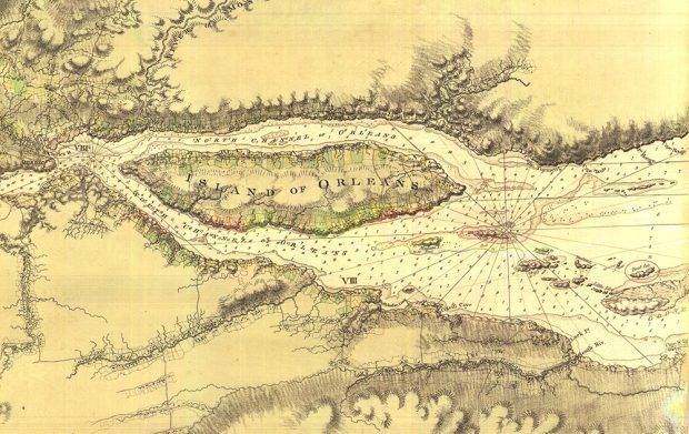 Old map drawn by hand, in shades of beige. The islands and the banks are very detailed. The inscriptions are in English.