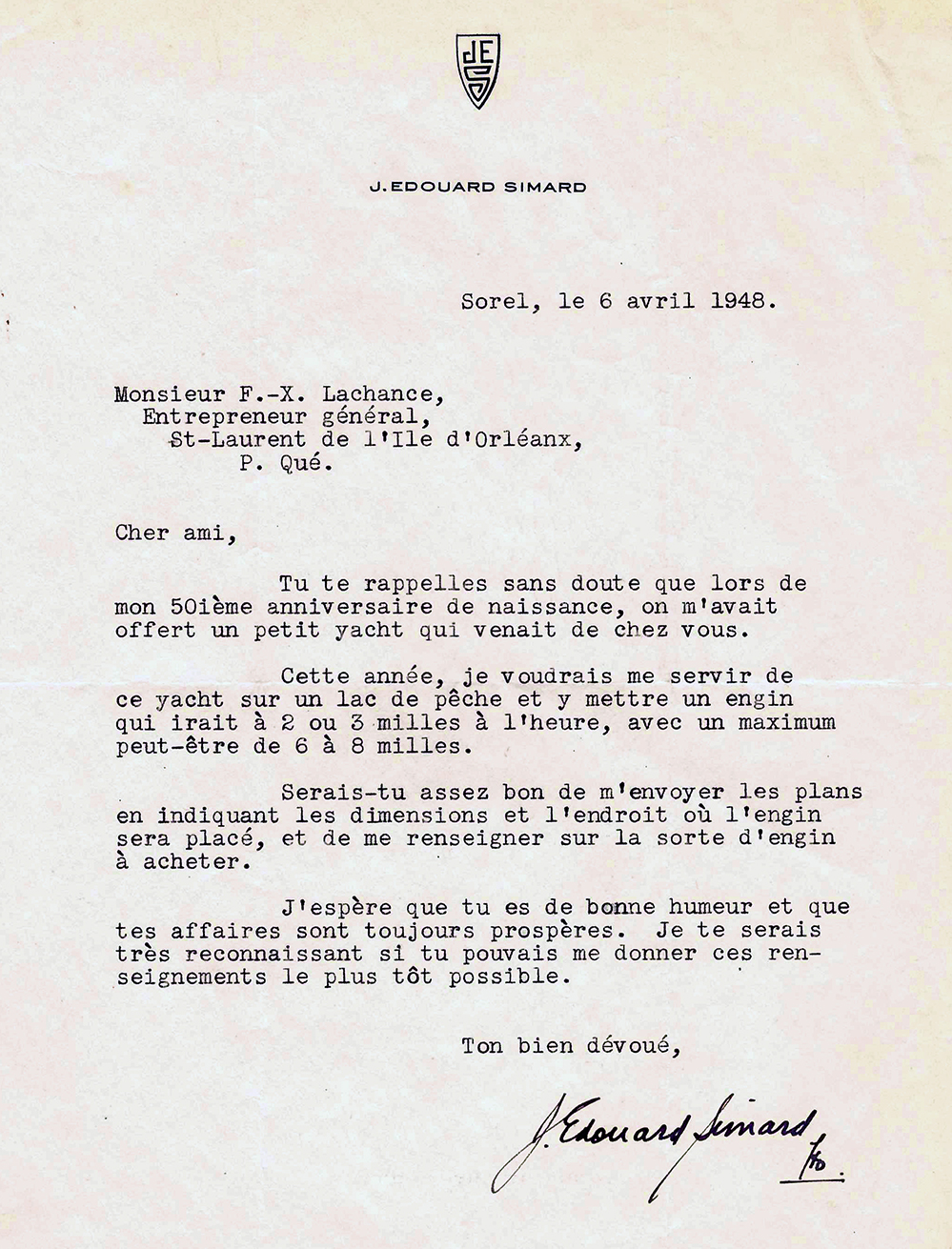 Letter typed by J. Édouard Simard, addressed to François-Xavier Lachance. This letter is signed by Mr. Simard. His logo, which includes the initials "JES", is on the letterhead.