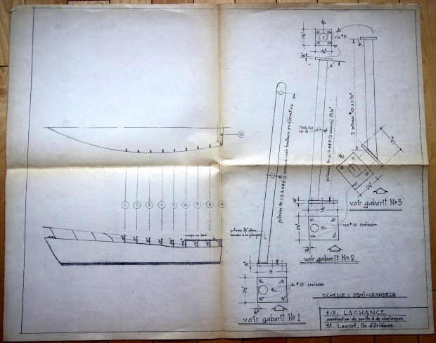 Technical plan signed by F-X Lachance, on a half-size scale, illustrating the section of a boat seen in profile, as well as three templates of pieces where will be fixed the eleven poles which form the structure of the boat.