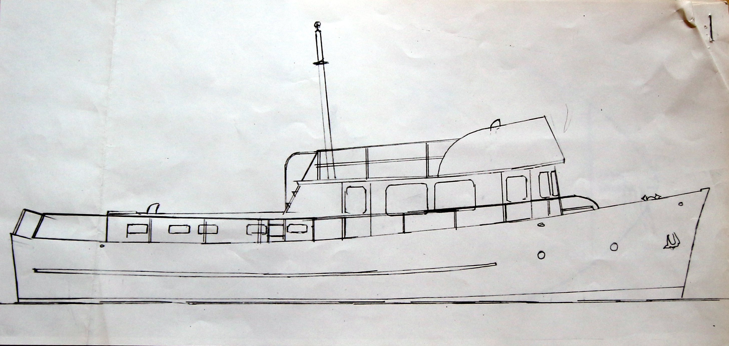 Drawing of a yacht viewed in profile, showing the hull, the cabin and the mast.