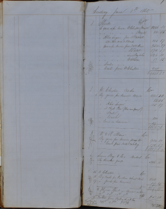 Two pages of a ledger with products sold and their prices written in ink.