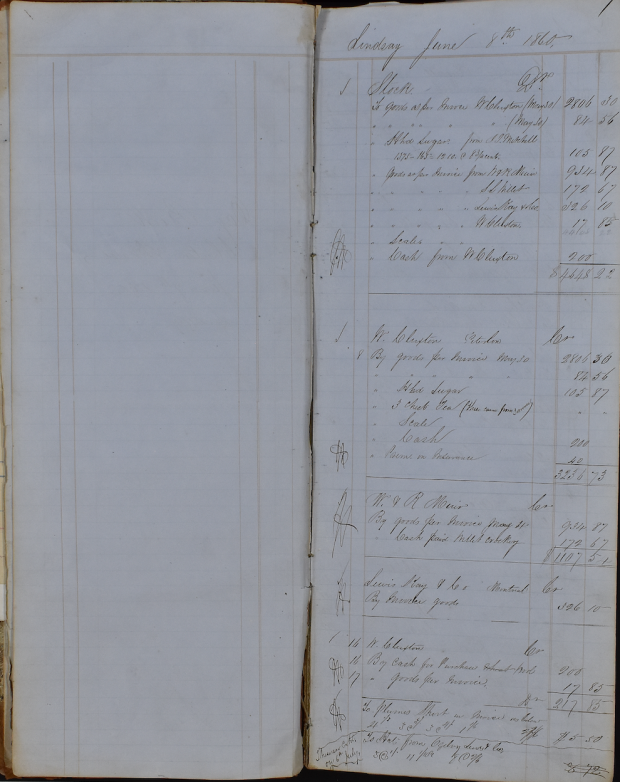 Two pages of a ledger with products sold and their prices written in ink.