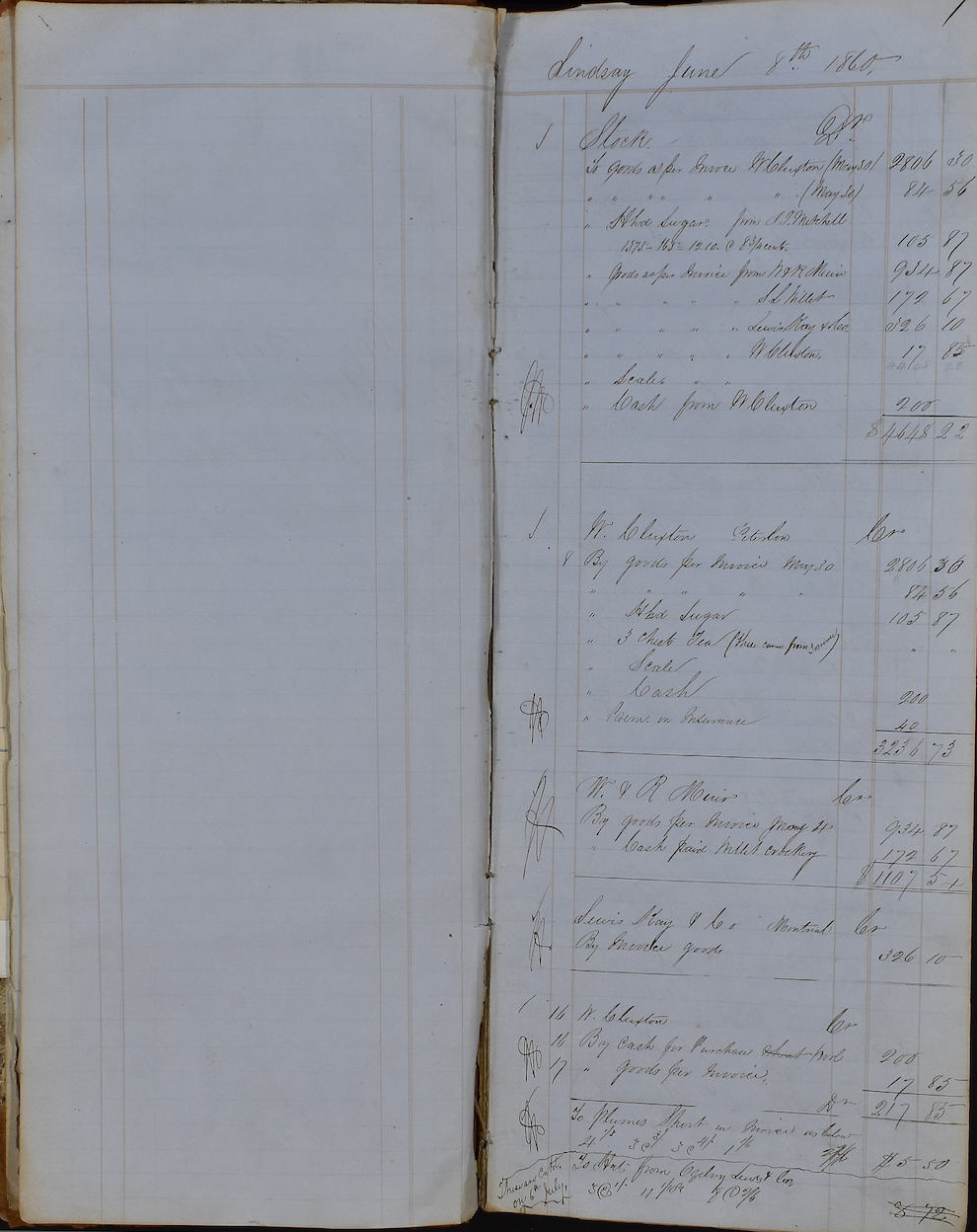 Two pages of a ledger with products sold and their prices written in ink.