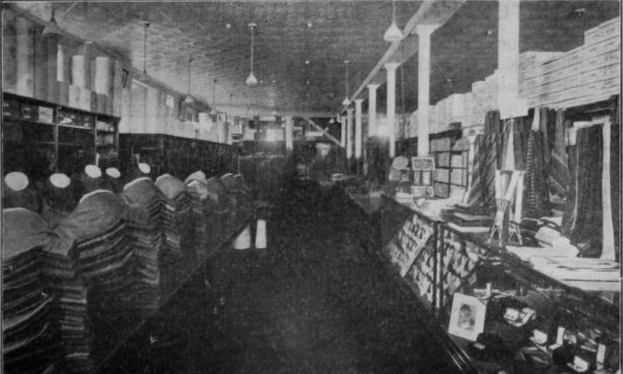 Black and white photograph of clothing on tables.