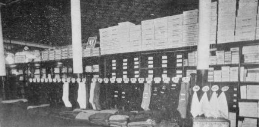 Black and white photograph of socks and shoe boxes.