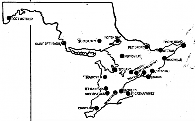 Map of Ontario with black dots representing cities located throughout Eastern, Southwestern, and Northern Ontario where Canadian Department Stores opened their operations.