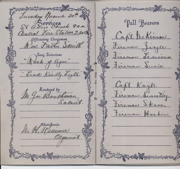 Memorial booklet for the funeral of Hugh McShane in 1923, outlining the order of proceedings in handwriting.