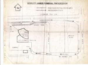 Plan de l’itinéraire emprunté par le cortège funèbre de Morley James, commençant à l’église First Alliance, puis descendant Glenmore Trail, tournant à droite sur Elbow Drive, à droite sur la 68e Avenue et de retour à l’église