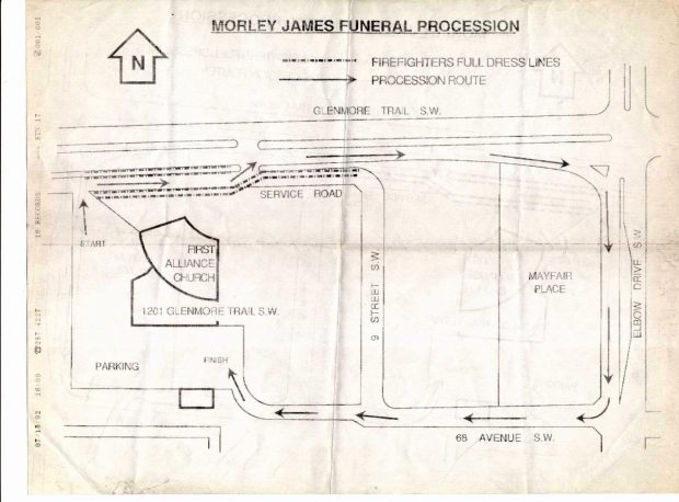 Map, showing the route of Morley James' funeral procession beginning at First Alliance Church, going along Glenmore trail, turning right onto Elbow Drive, right onto 68 avenue, and back to the church.