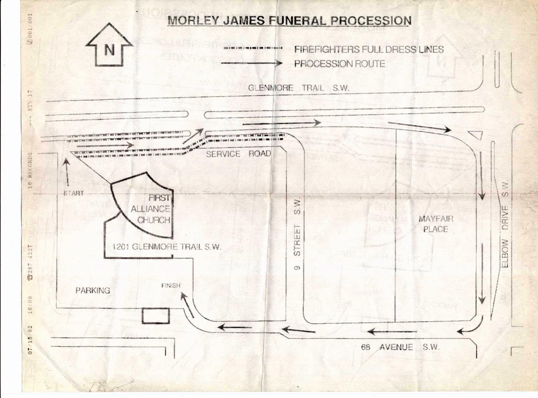 Map, showing the route of Morley James' funeral procession beginning at First Alliance Church, going along Glenmore trail, turning right onto Elbow Drive, right onto 68 avenue, and back to the church.