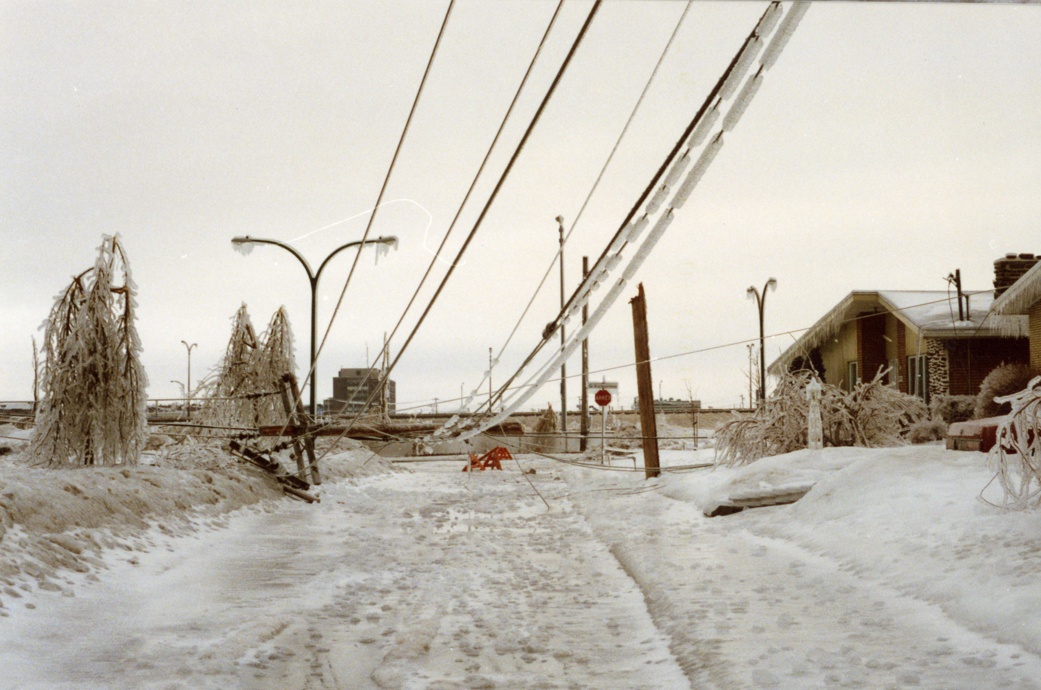 This road was closed because of hanging wires.