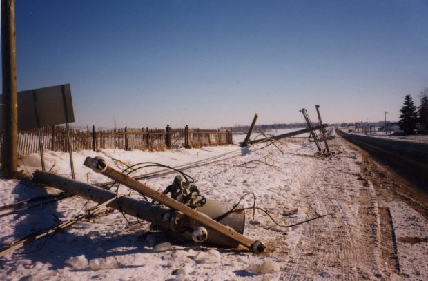 Because of the ice electrical poles were falling like dominos along the roads of Napierville.