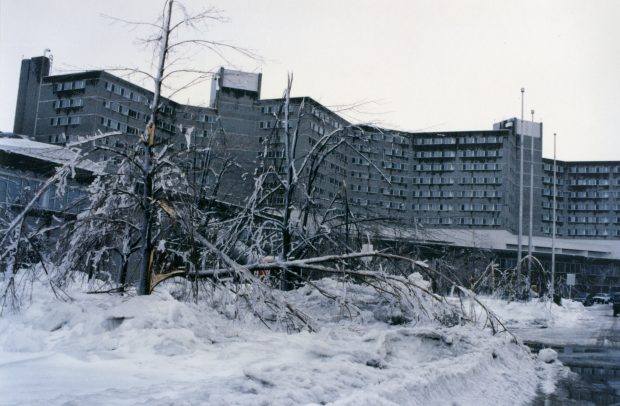 The trees break under the weight of the ice. Behind them is the military base of Saint-Jean.