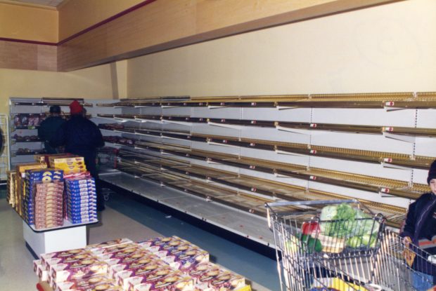 The shelves of bread were empty in the grocery stores during the crisis.
