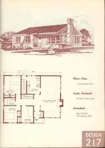 Plan d’une maison à un niveau ; plan 217, de 106 m2 (1 141 pi2) de surface au sol, en haut de la page.