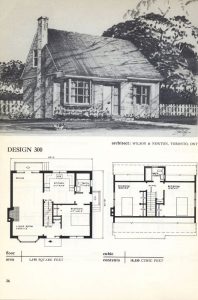 Plan de maison noir et blanc ; plan 300 ; dessin de l’extérieur en haut, et de deux dessins intérieurs.
