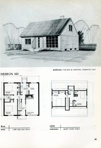 Plan de maison noir et blanc ; plan 413 ; dessin de l’extérieur en haut, et de deux dessins intérieurs.