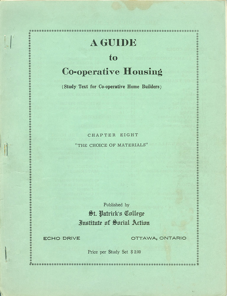 Cover of a study guide "A Guide to Co-operative housing Chapter eight - The Choice of Materials" Blue background