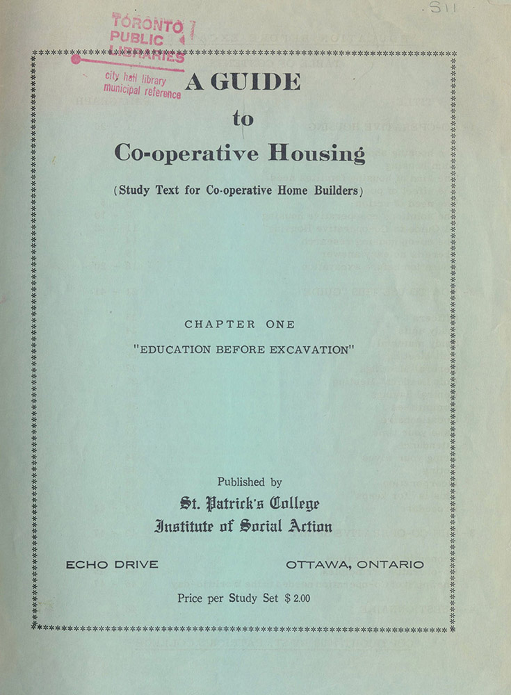 Cover of a study guide "A Guide to Co-operative housing Chapter One Education before Excavation" Blue background