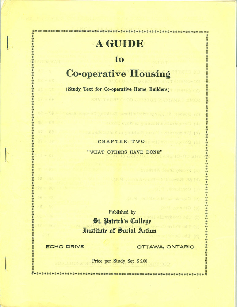 Cover of a study guide "A Guide to Co-operative housing Chapter two What have others done" Light Yellow background