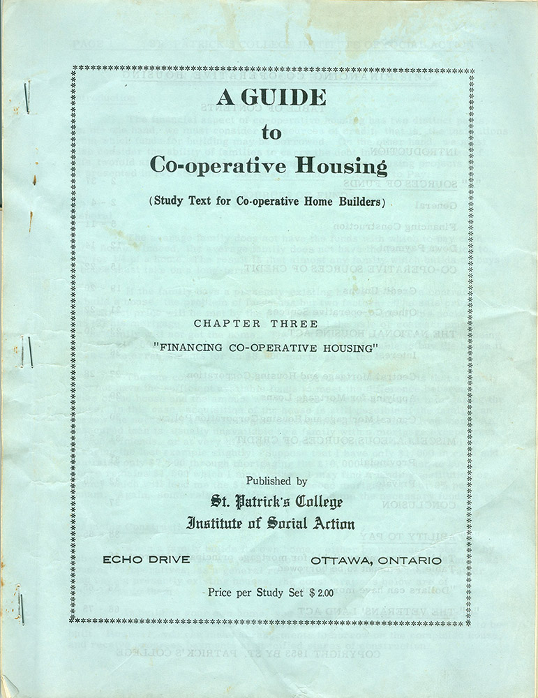 Cover of a study guide "A Guide to Co-operative housing Chapter Three Financing Co-operative housing" Light blue background