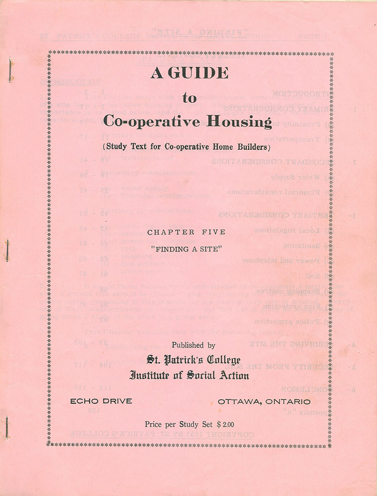 Cover of a study guide "A Guide to Co-operative housing Chapter Five - Finding a site" pink background