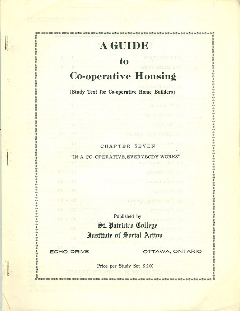 Cover of a study guide "A Guide to Co-operative housing Chapter Seven - In a Co-operative Everybody Works" White background