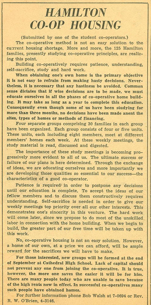 Newspaper article titled Hamilton Co-Op Housing written by Bob Walsh